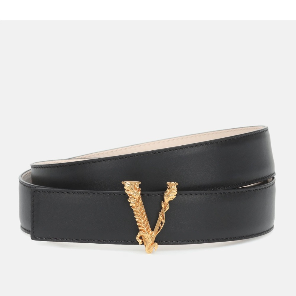 Versace Black Belt with Gold V Buckle WIDE